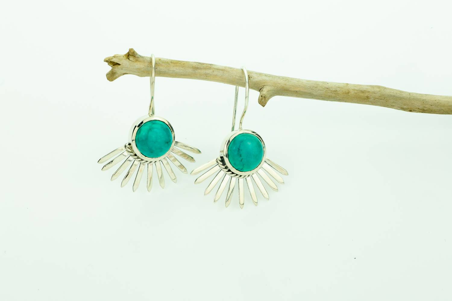 Boucles d'oreilles pendantes argent massif + turquoise